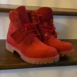 Red Timberland boots, men size 8M, like new